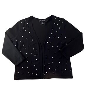 Black Pearl Studded Cardigan Open Front 3/4 Sleeve Chic Elegant Sweater Dressy S